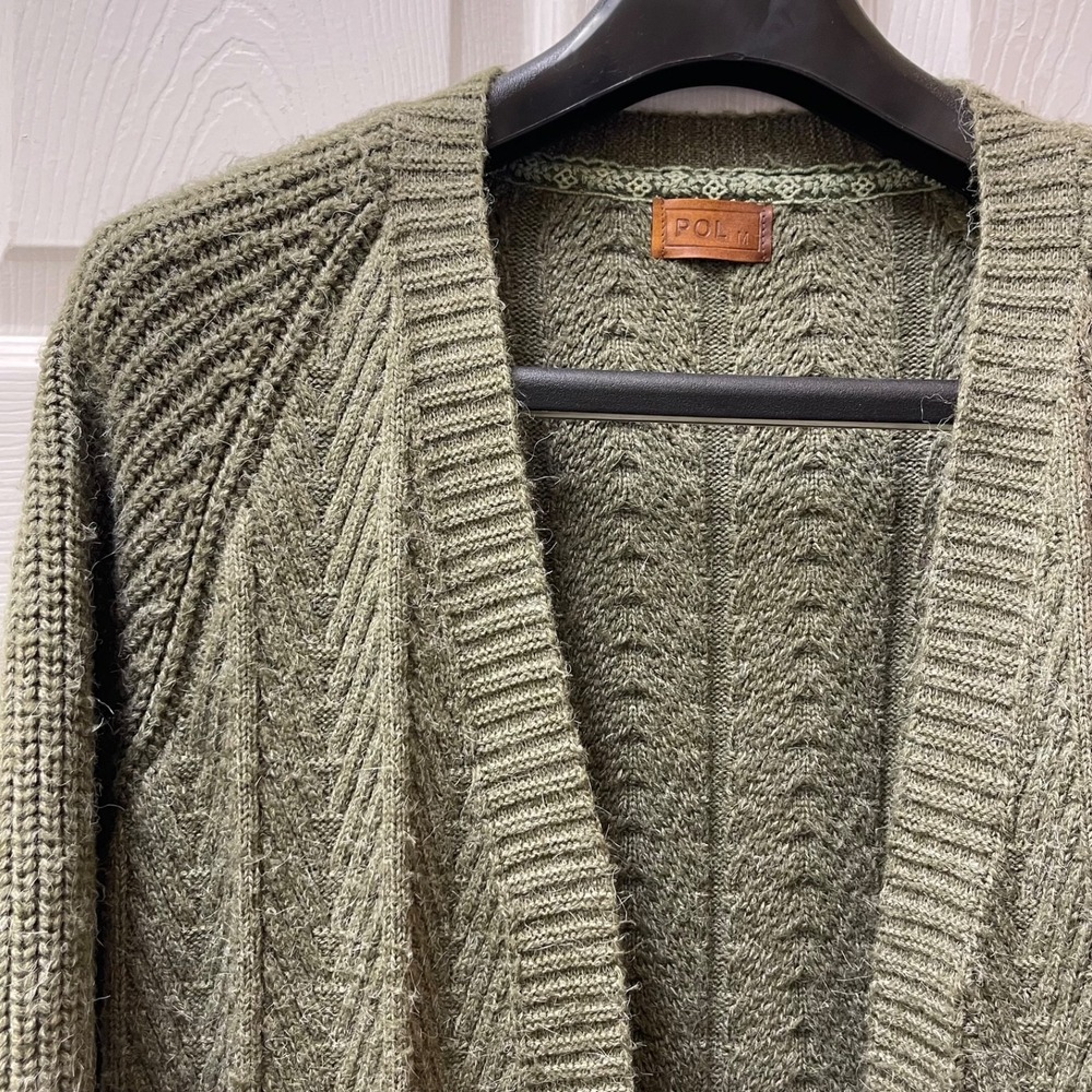 Vintage POL Women's Medium Olive Herringbone No Close Cardigan Acrylic Blend
